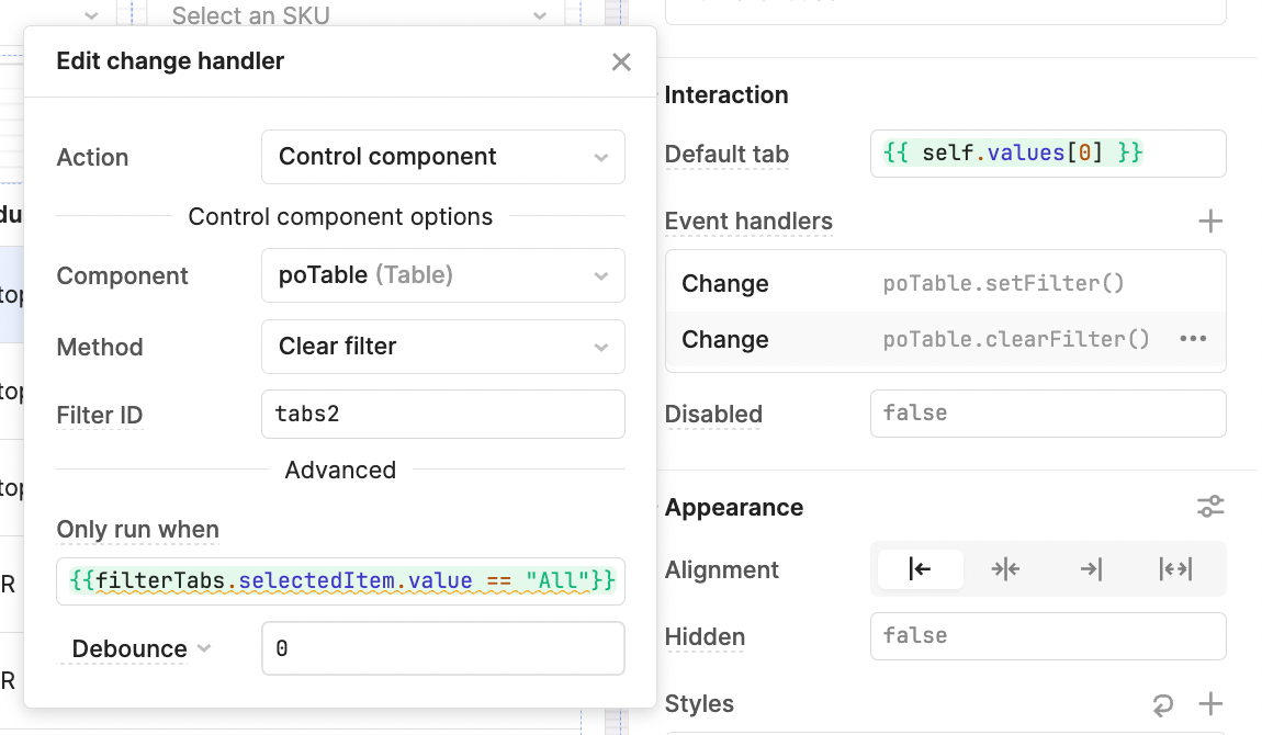 The Edit change handler settings for a table in Retool.