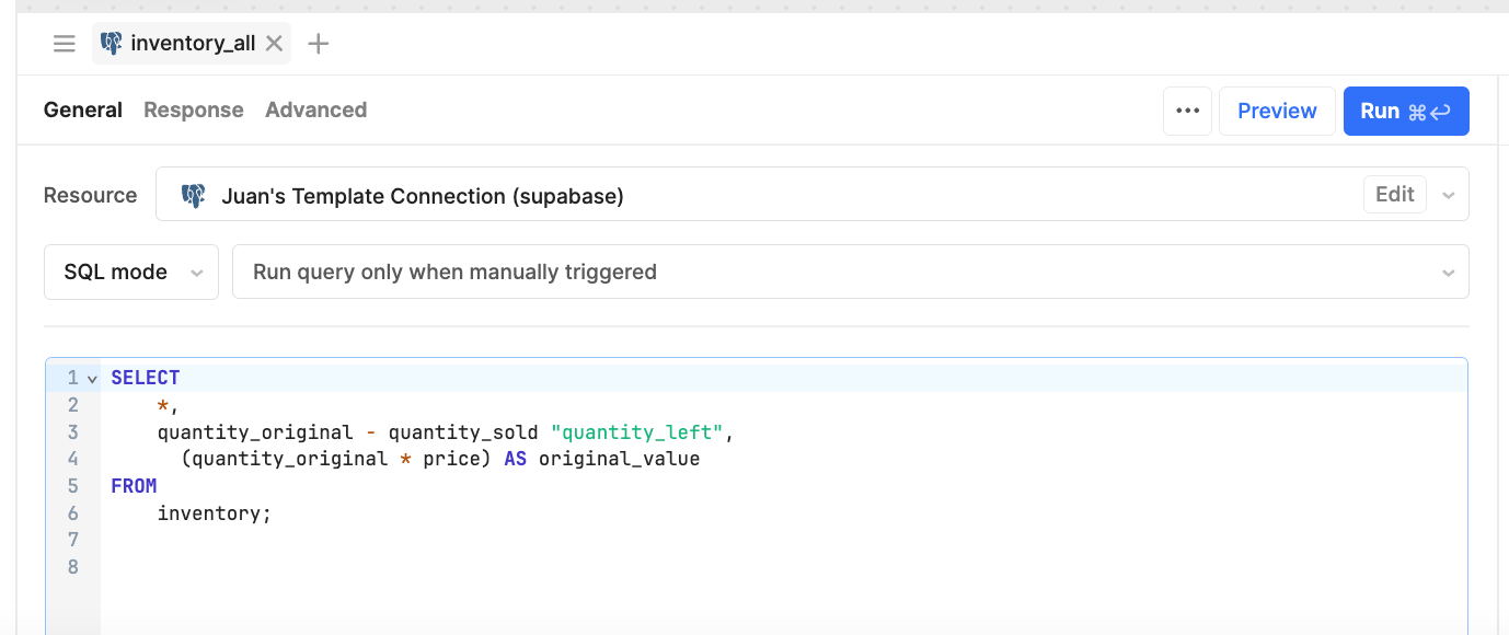 SQL query setup in Retool for inventory tracking app, calculating quantity left and original value of products using Supabase database connection.