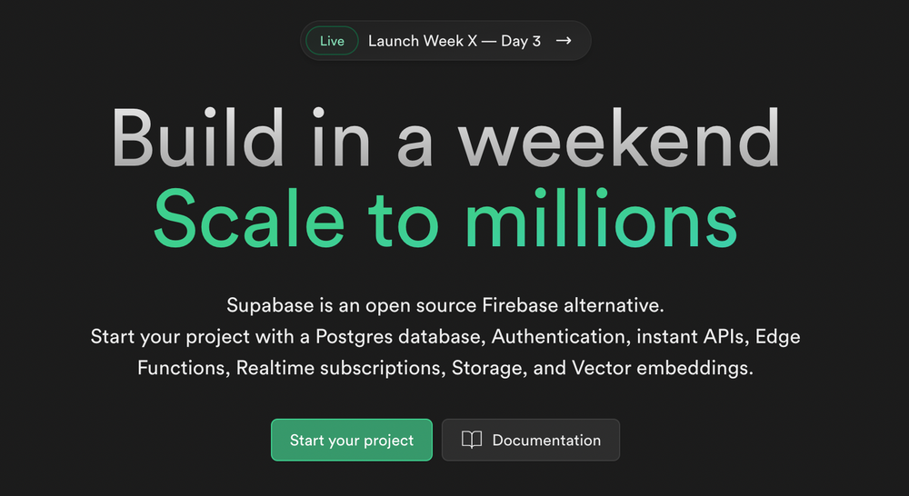 Supabase landing page. Text: Build in a weekend, scale to millions.