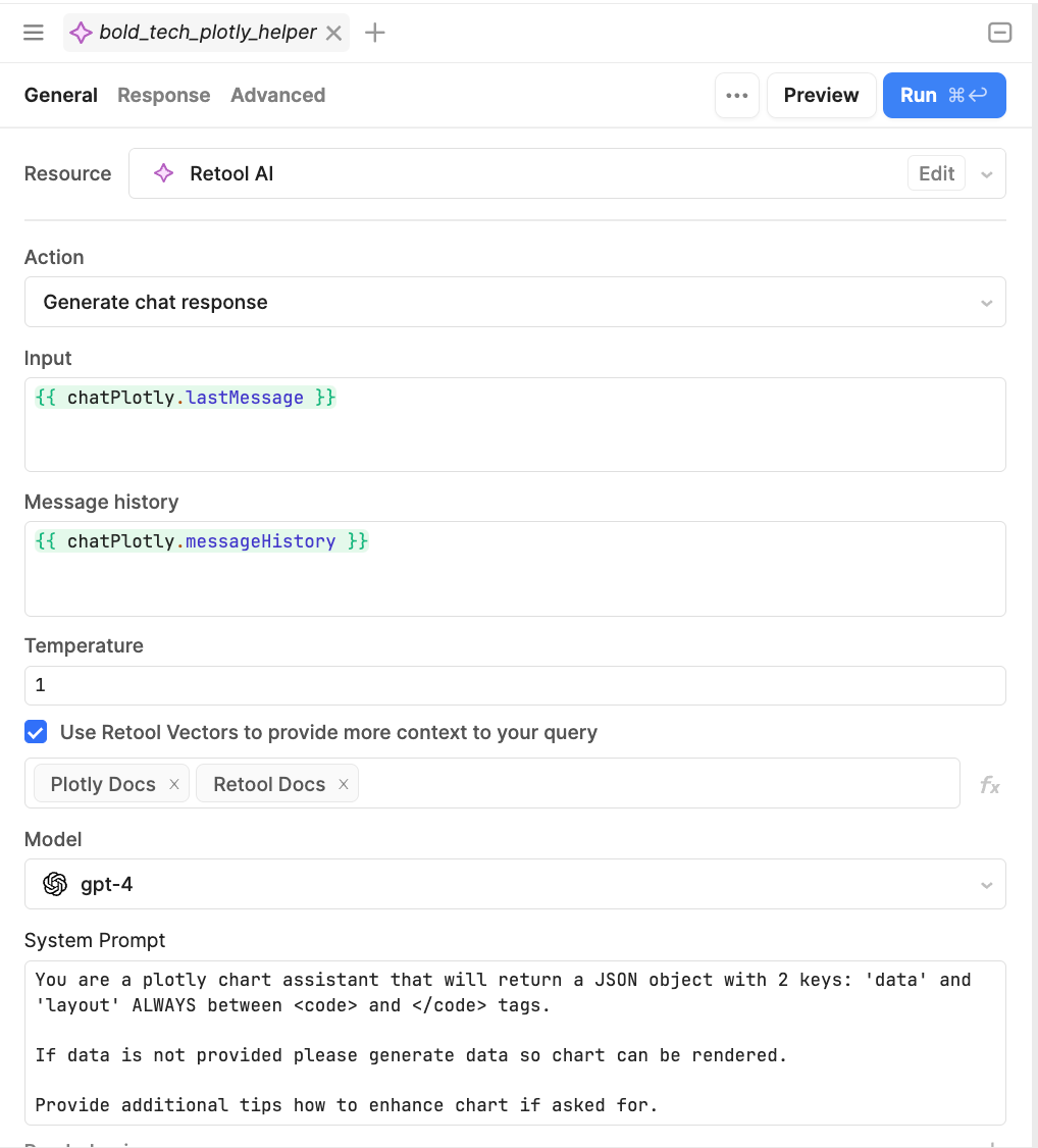 Connecting Retool AI with Plotly, setting the vectors to use Retool and Plotly docs online and populating the system prompt with the AI query.