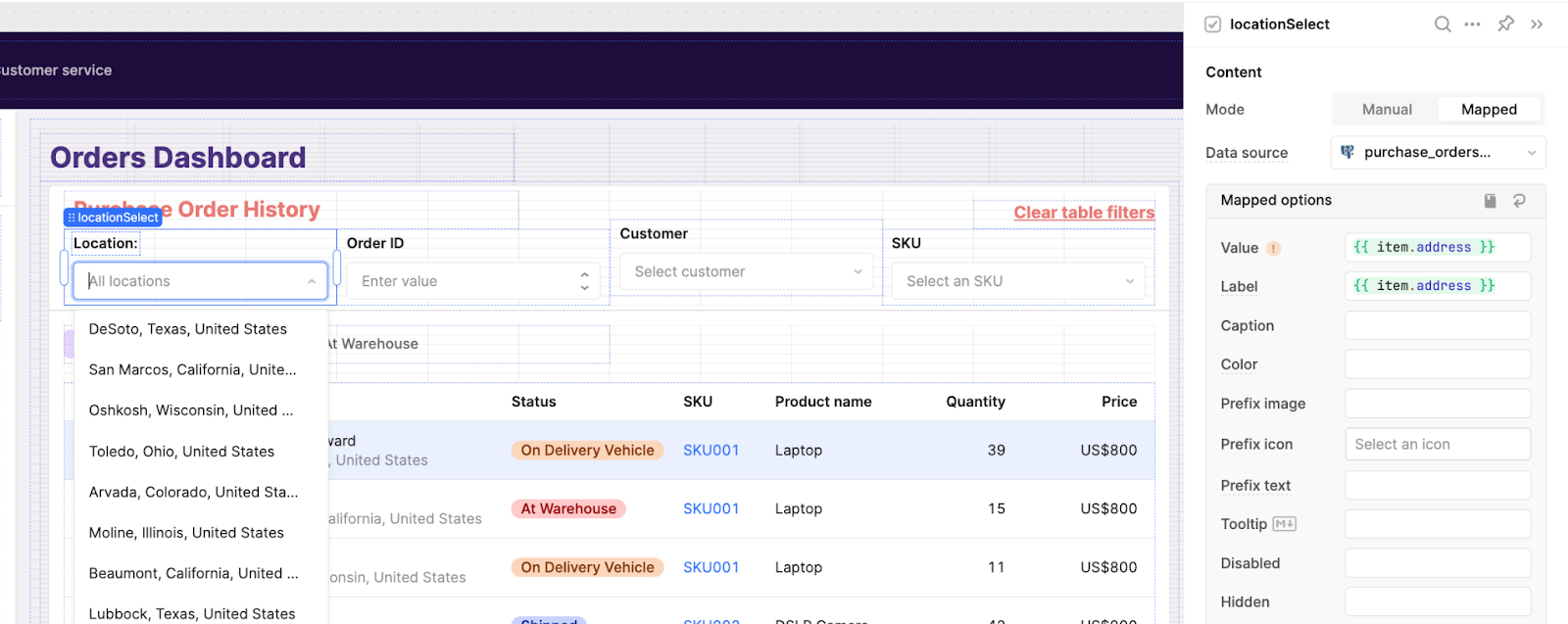 An orders dashboard with filter options in Retool.