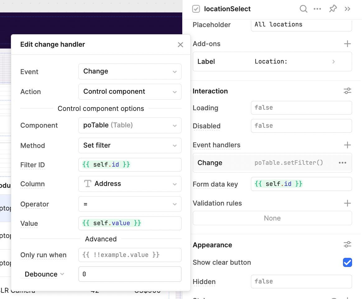 A table event handler configured with filters in Retool.