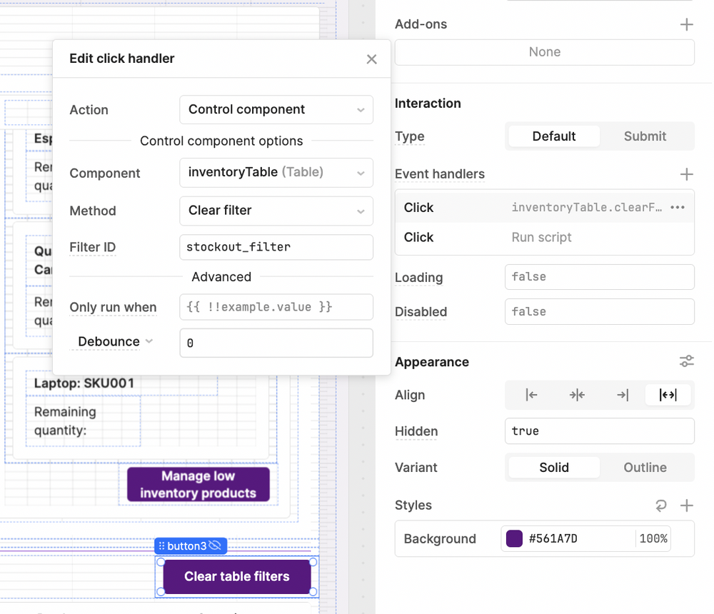 A clear filter button in an internal Retool app is hidden by default but becomes visible when clicked. 