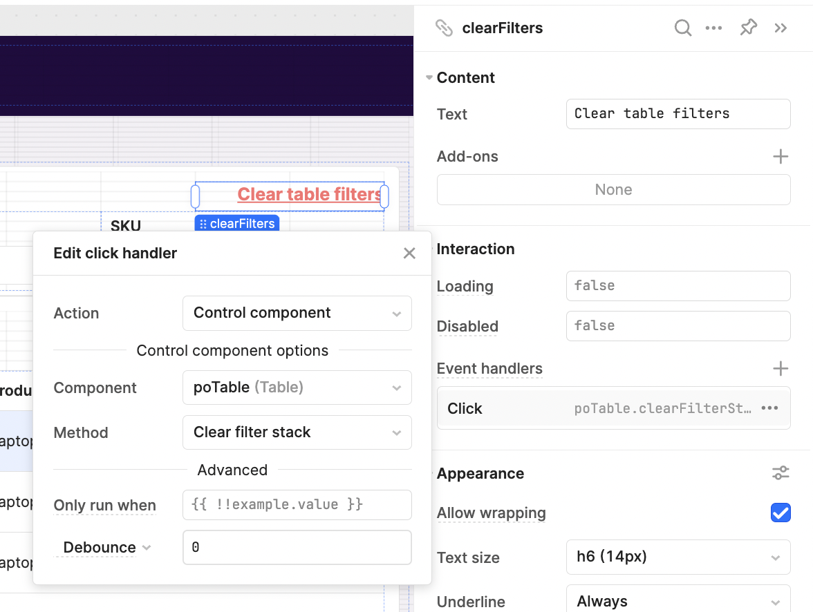 A clear filters button set up in a Retool table.
