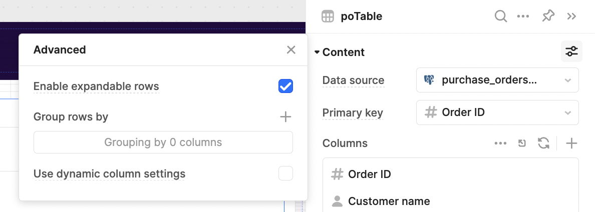 Advanced table settings in Retool. The option to Enable expandable rows is checked.