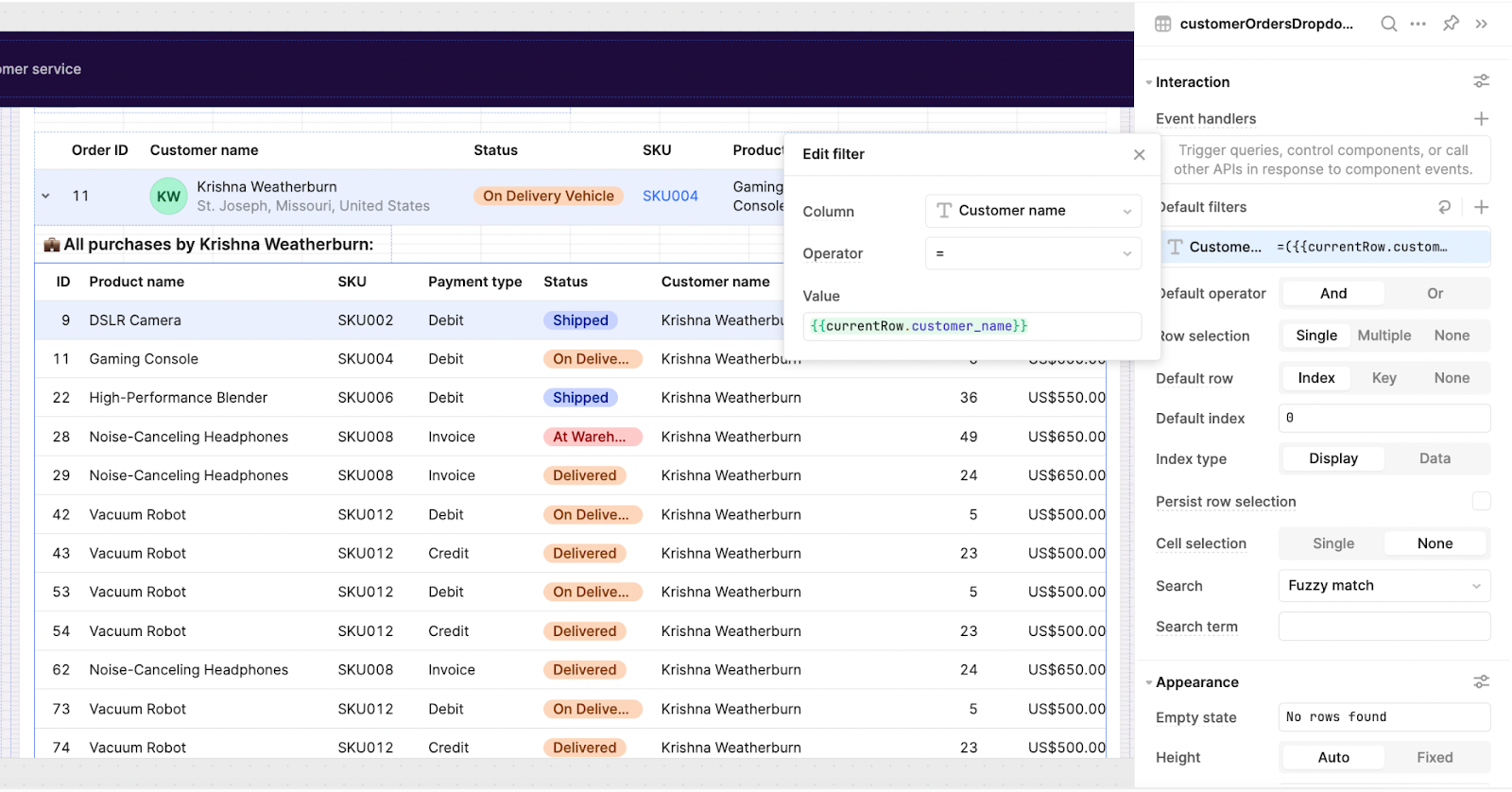 An internal app in Retool built with a text component and table to show specific information.