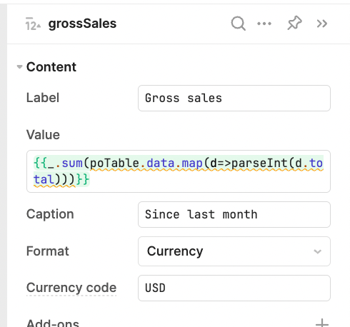 Lodash Javascript used to set the Gross sales calculation in Retool.