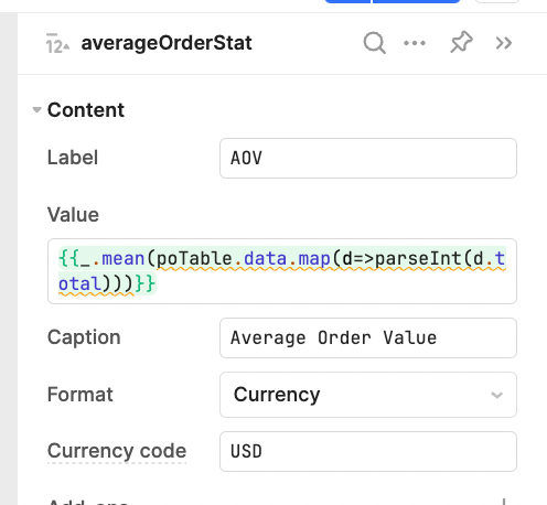Calculating Average Order Value for the a Retool table stats using the Lodash function.