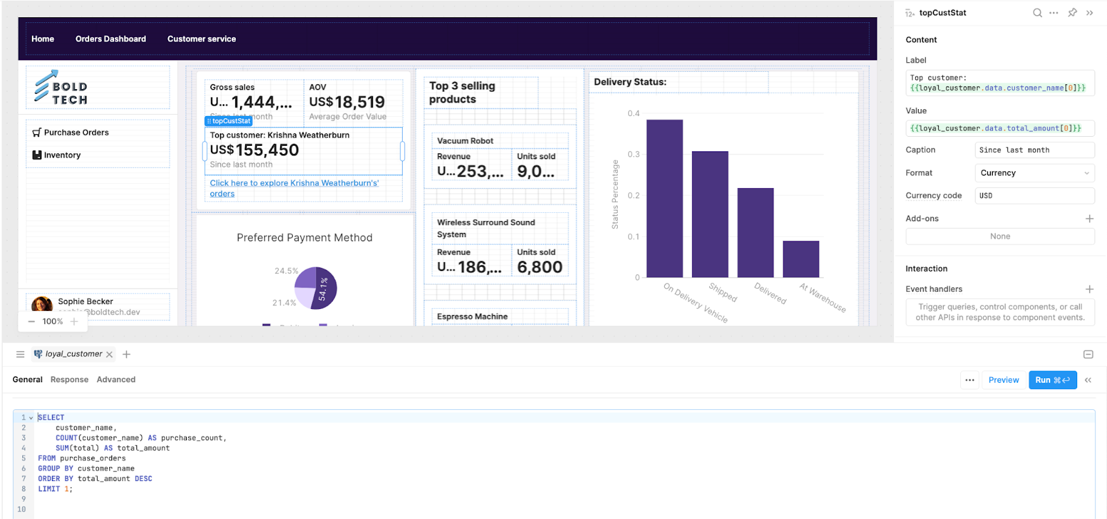 Using SQL in a Retool Orders Dashboard to determine the Top Customer.