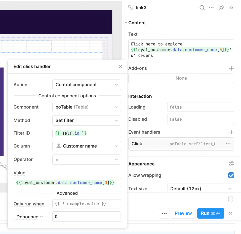 A filter event handler applied to a link component in Retool.
