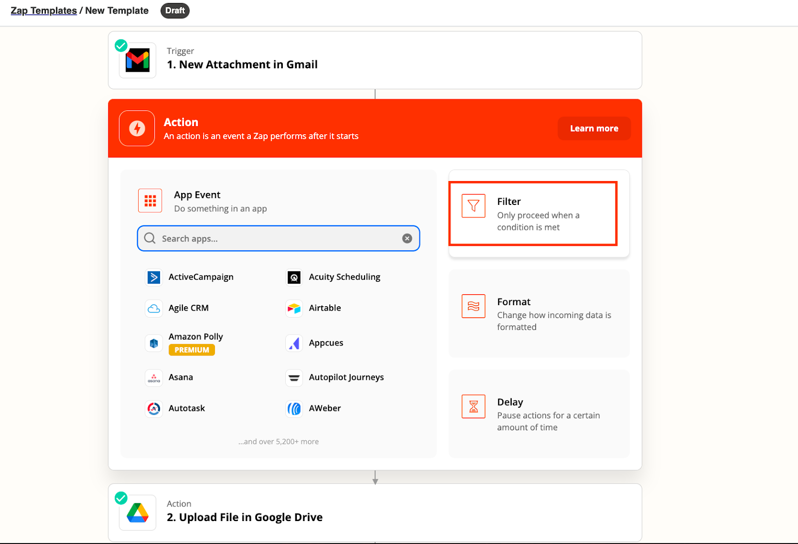 Setting up a Zapier automation, with options to filter, format and delay processes.