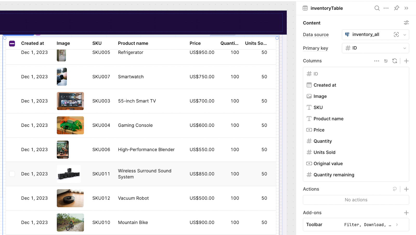 Inventory tracking table in Retool displaying product details such as SKU, product name, price, quantity, and units sold for various items like smartwatches and smart TVs.