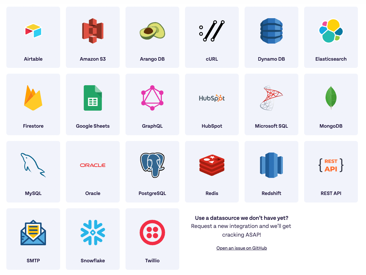 Appsmith's integrations options.