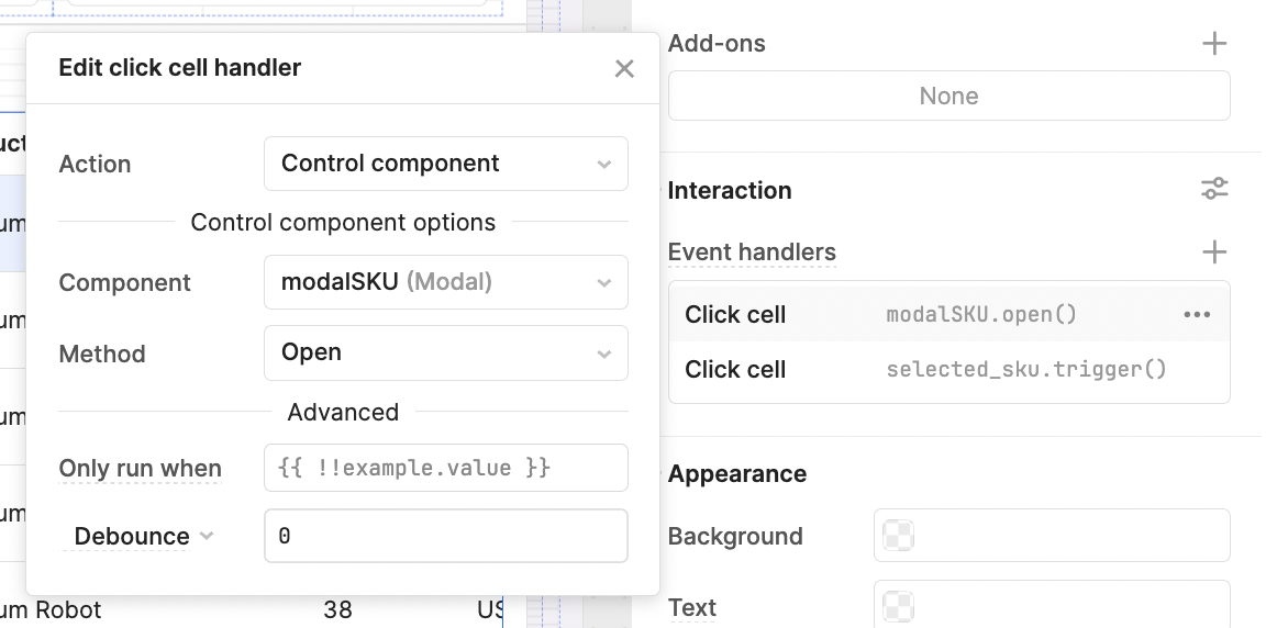 SKU column settings in the table component in Retool.