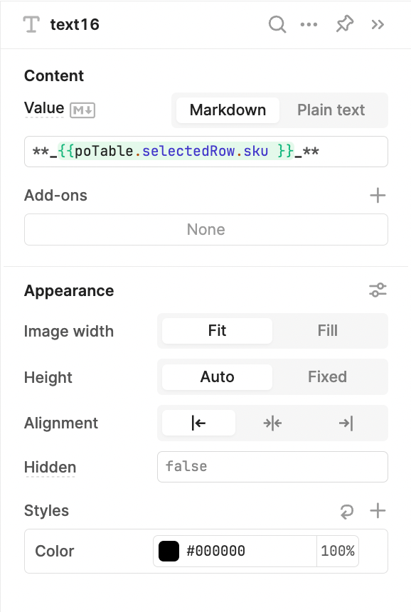 Settings for a text component in Retool.