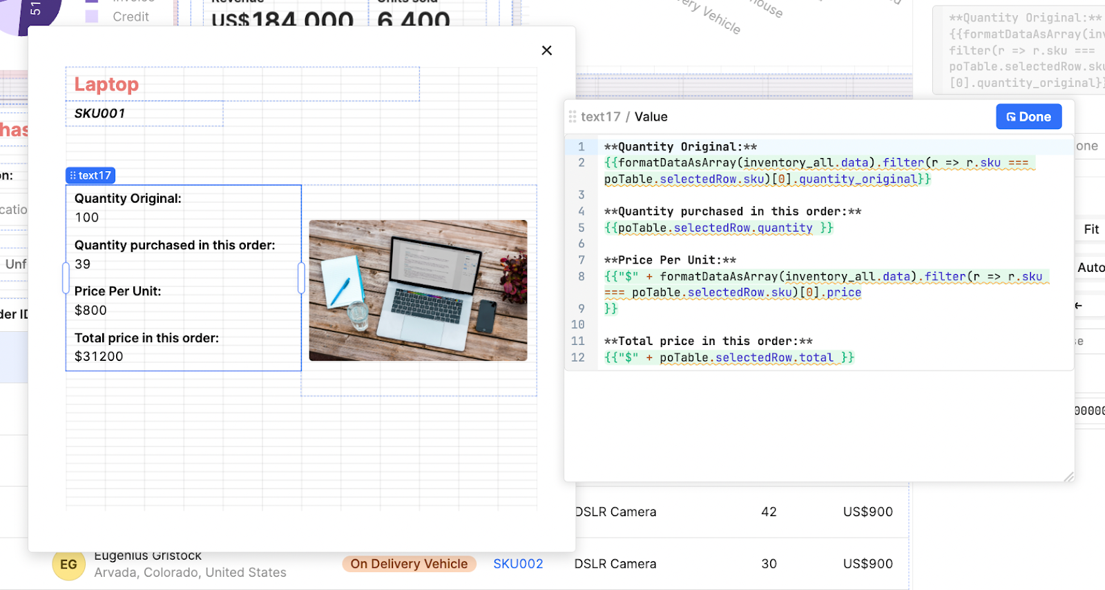 A text component in Retool with data filtered by the SKU using JS.