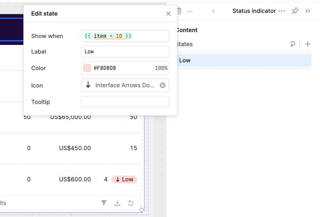Editing low stock status indicator in Retool inventory app with a condition to trigger when item count is less than 10, displaying low stock label with arrow icon.