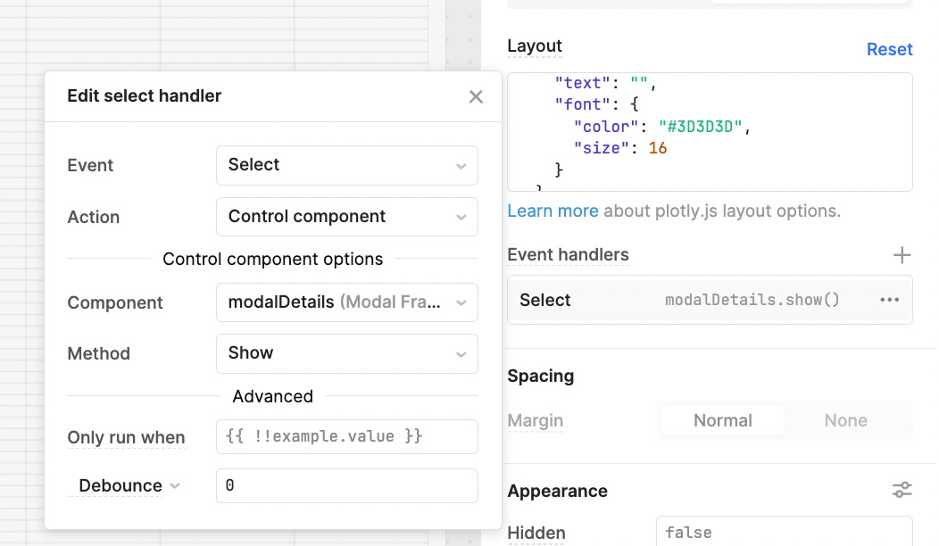 Event handler setup in Retool to trigger a modal when a bar in the funnel chart is clicked.