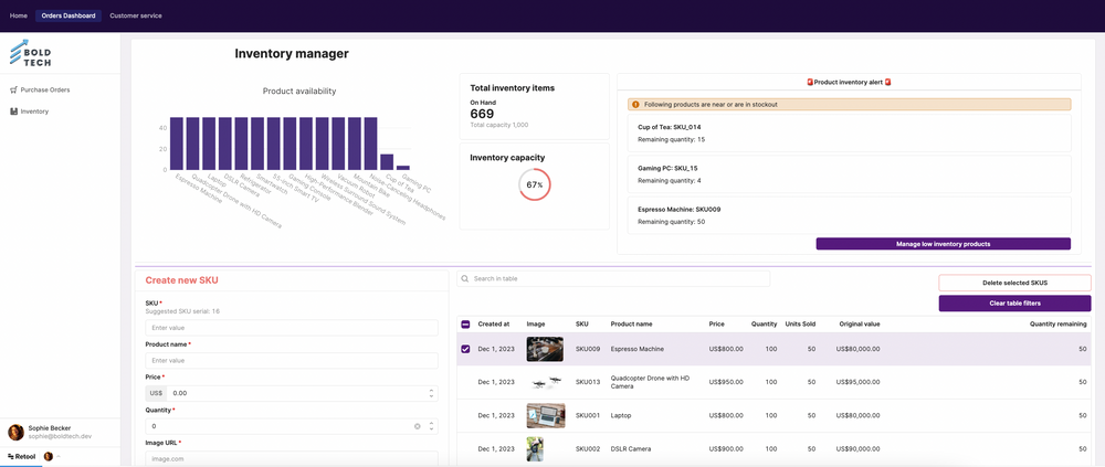A order management system built in Retool with ability to view and search orders, and stats to better interpret the data.