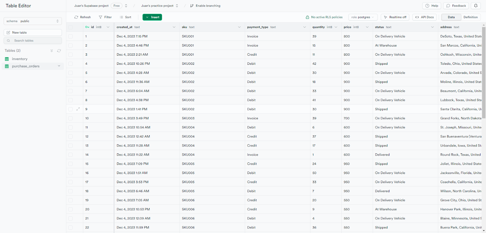 A table component in Supabase showing purchase orders.