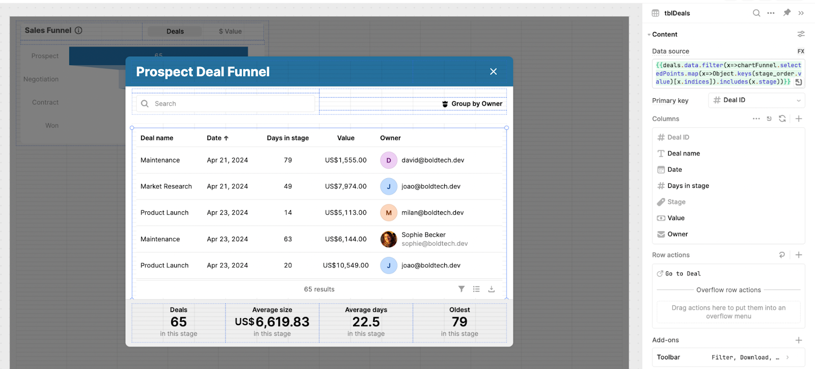 Event handler setup in Retool to trigger a modal when a bar in the funnel chart is clicked.