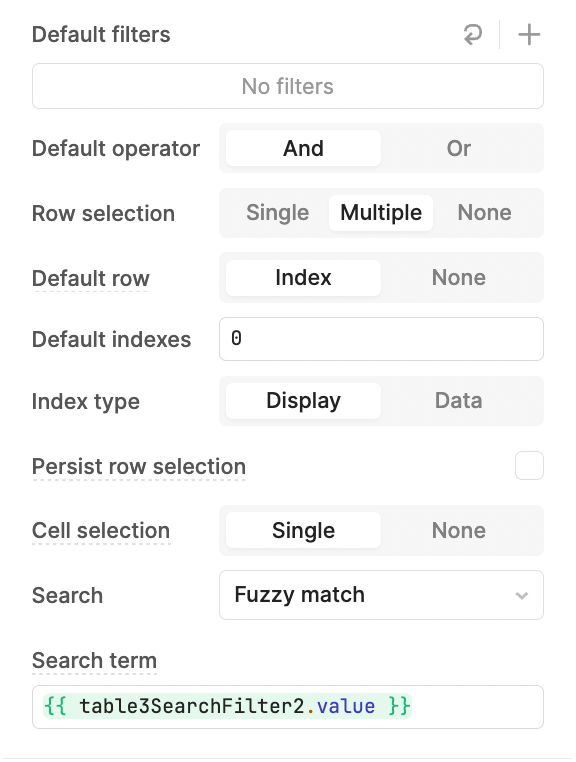 Settings for a table in Retool.