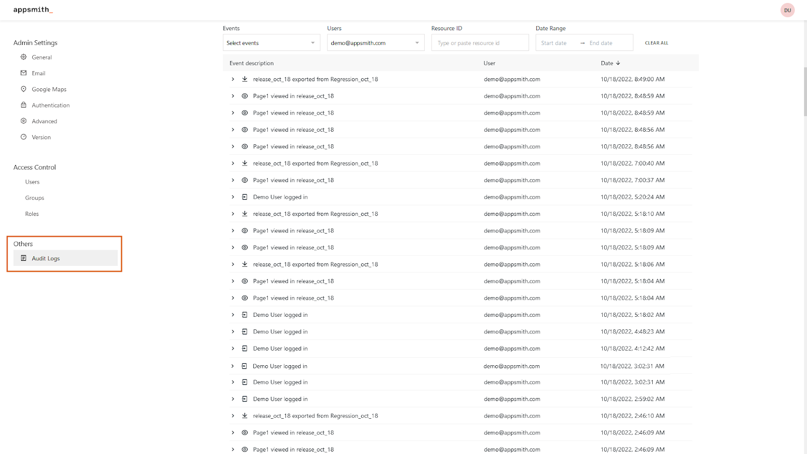 Detailed audit logs in Appsmith.