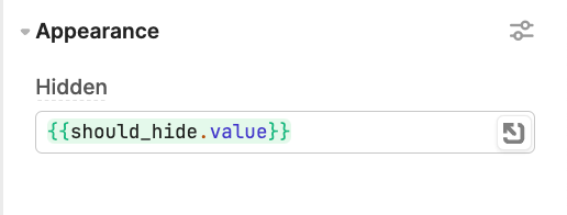 Appearance settings, showing {{should_hide.value}} in the Hidden value box.