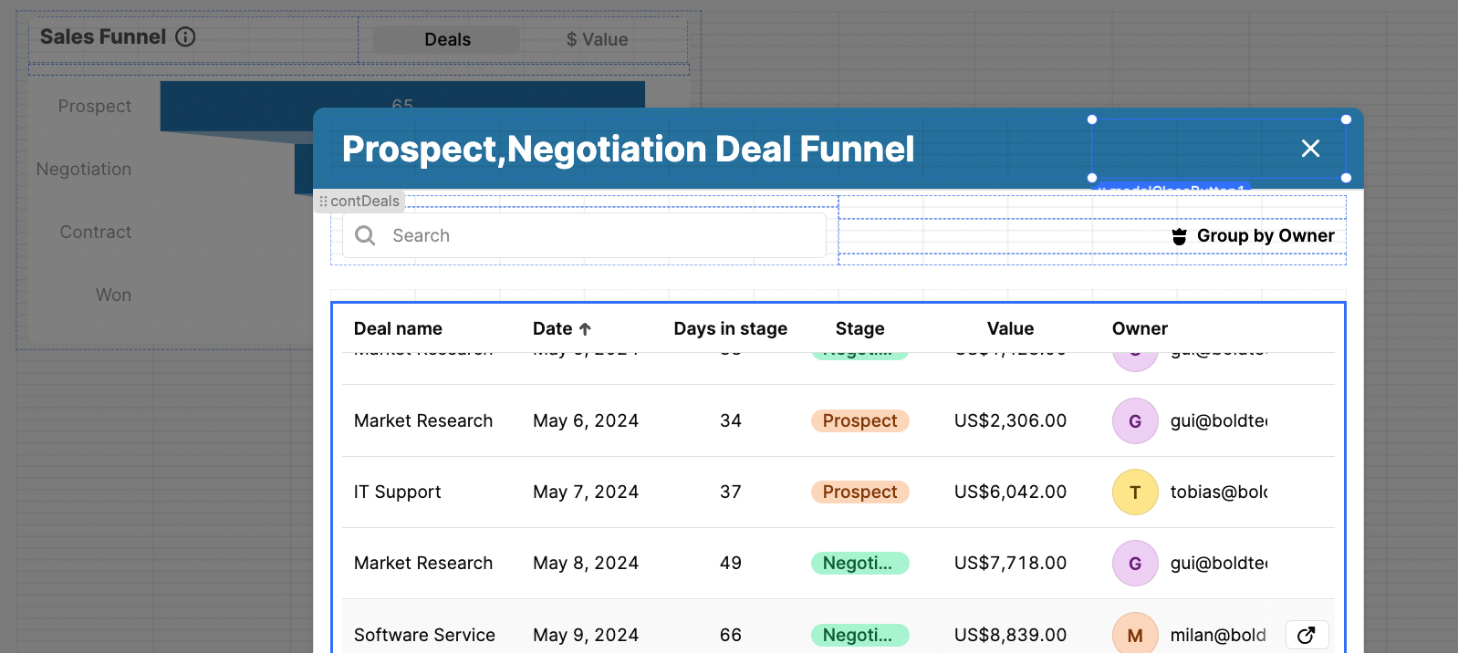 Retool table interface with a search bar at the top, filtering through selected data from the funnel chart.