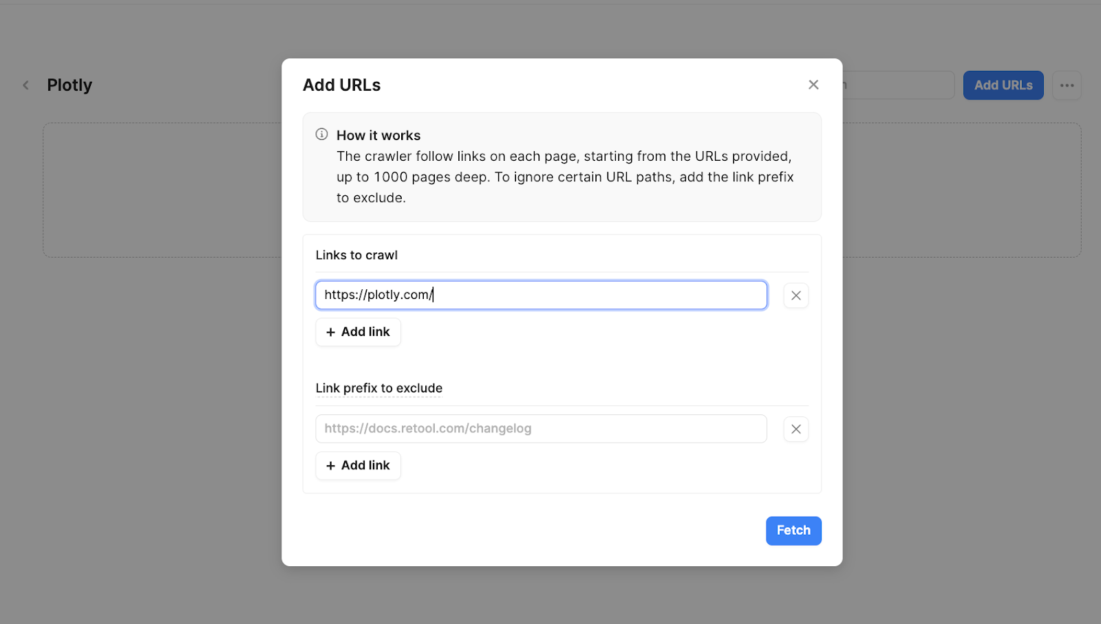 A Retool modal to add URL's. Plotly.com has been added to the Links to crawl value box.