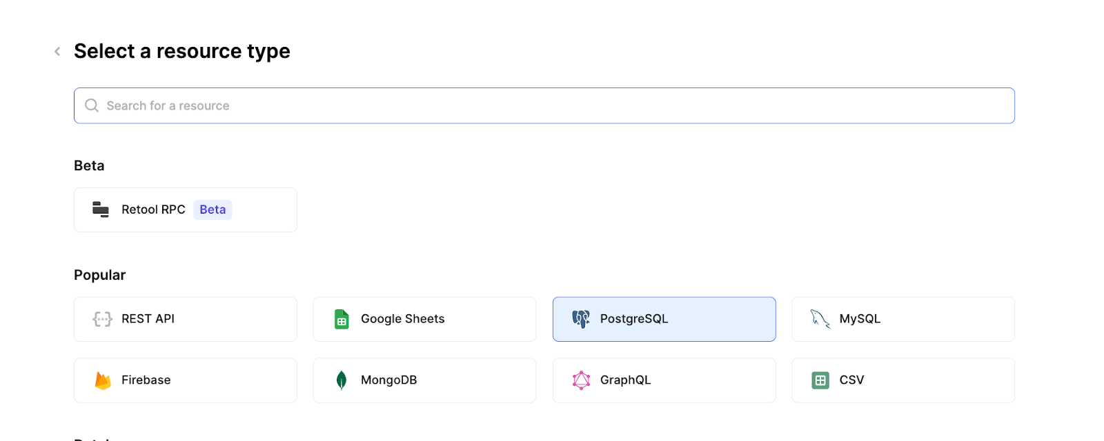 PostgresSQL selected within the resources page in Retool.