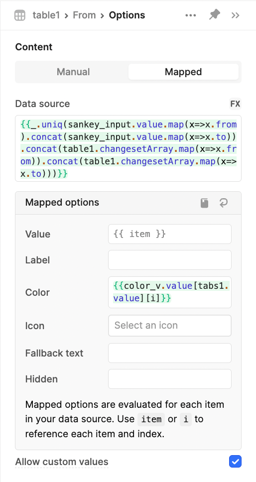 The Content settings for a table in Retool.