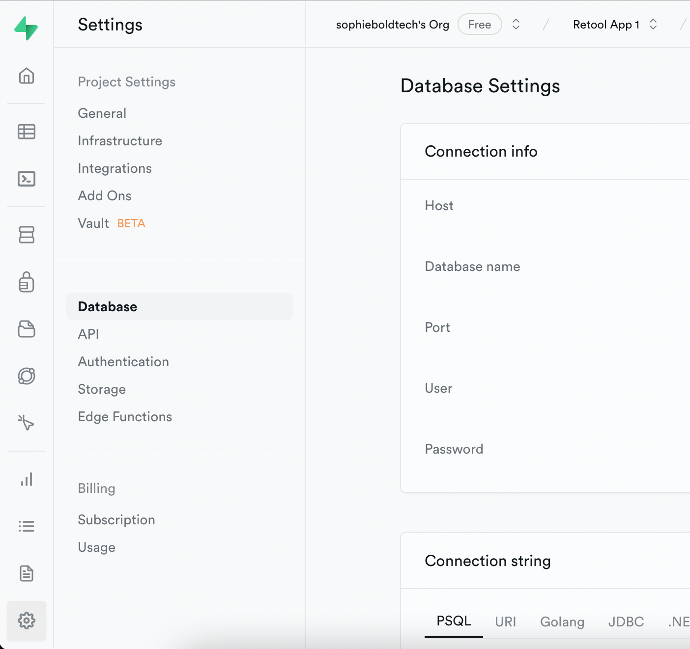 Database settings in Supabase.
