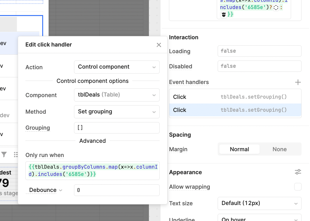 JavaScript code to remove grouping from the table data in the Retool interface when a toggle is clicked.