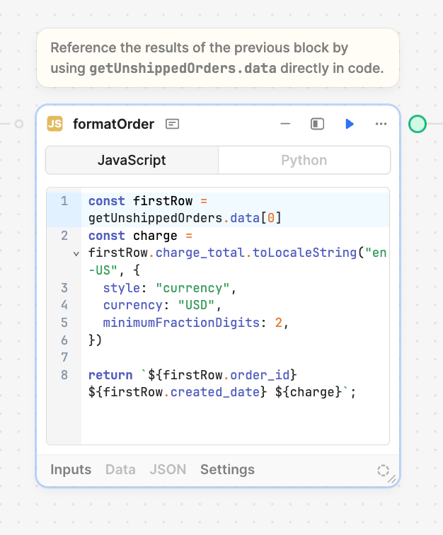 Part of a Retool Workflow utilizing JavaScript.