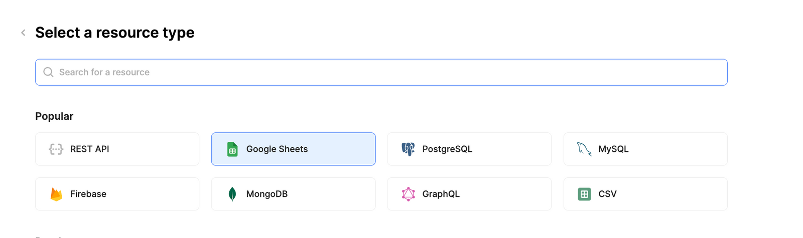 Select Google Sheets within the Resource section in Retool.