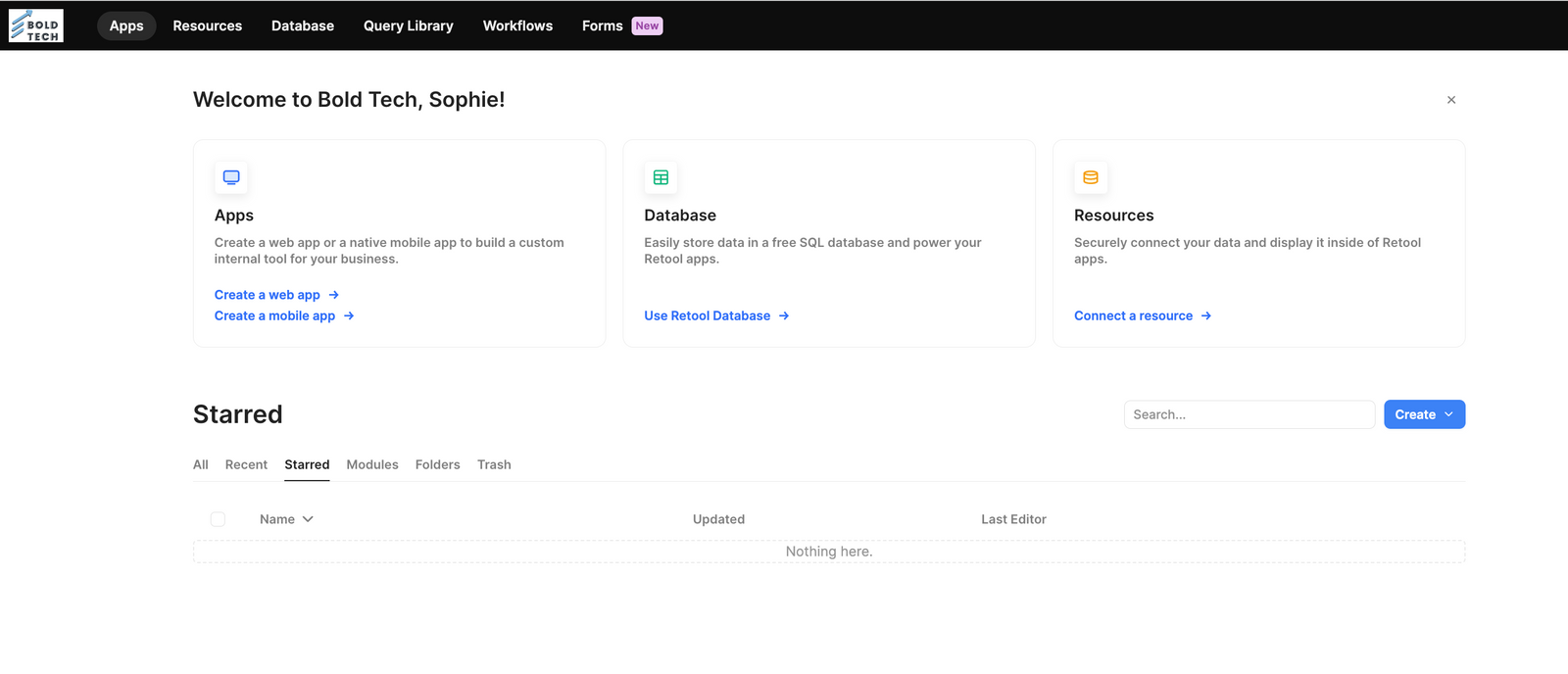 A selection of Retool options including apps, databases and resources. 