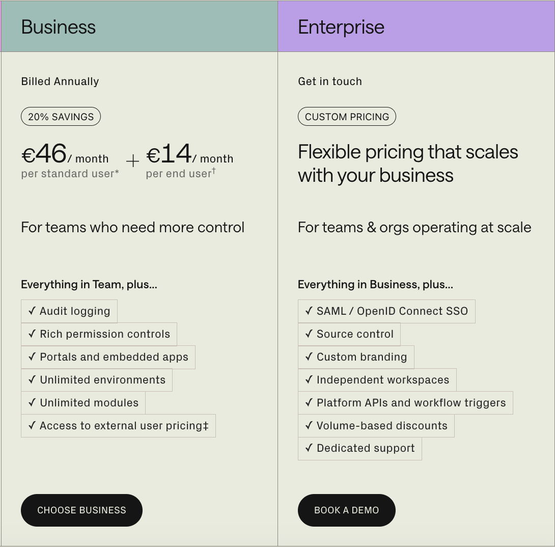 A summary of Retool's Business and Enterprise plans including respective prices and service offerings.
