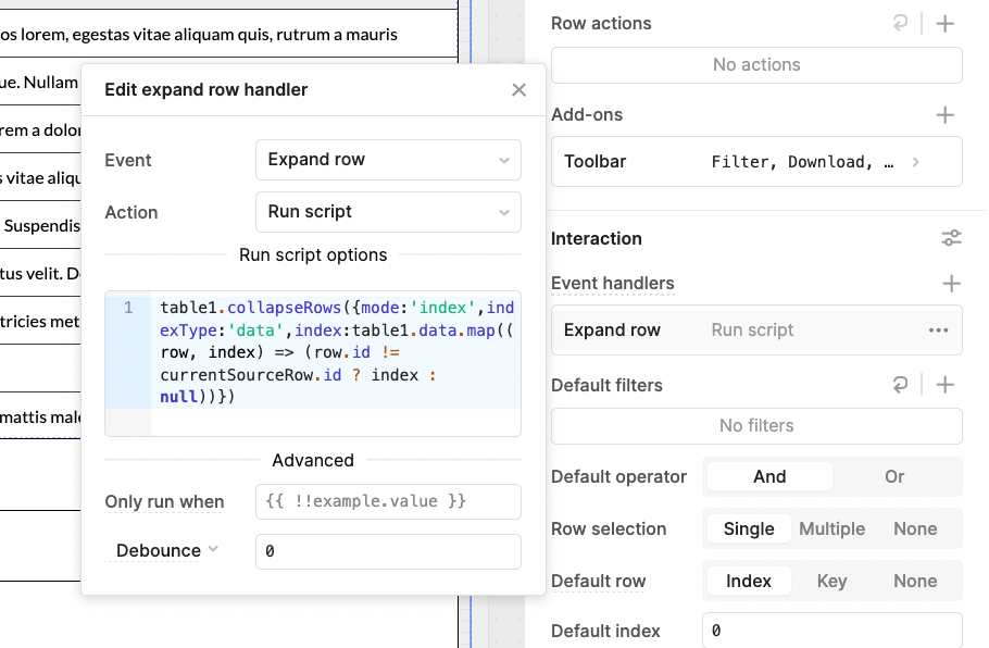 How to set up expandable rows in a Retool table to only open one at a time using the edit expand row handler.