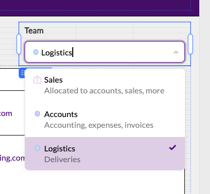 A dropdown component in Retool with captions under each dropdown option.