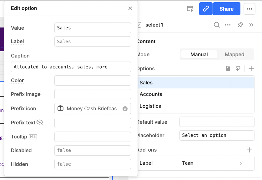 Edit options for a dropdown option in a select component in Retool.