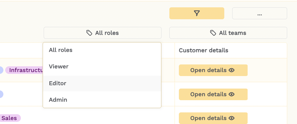 A dropdown called All roles with Editor selected.