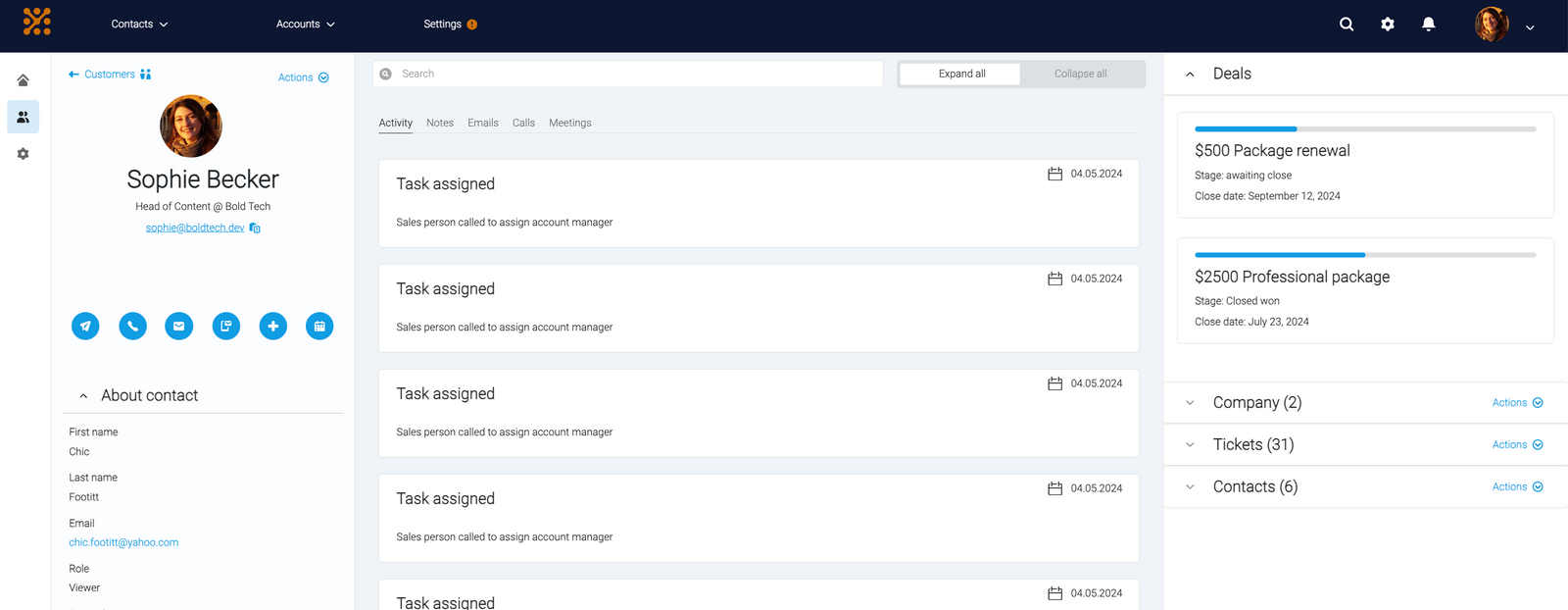 Close up of the CRM template, displaying card-like functionality for tracking client tasks and touch-points using a list view component, along with a row of icon buttons for quick actions.