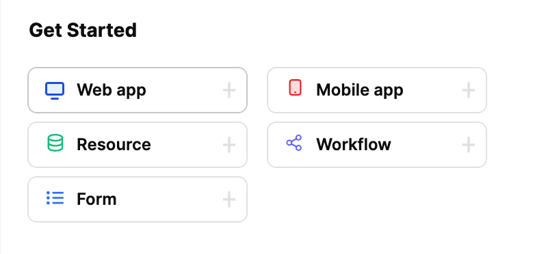 Retool UI buttons showing hover effect with subtle border color change for Web app, Mobile app, Resource, Workflow, and Form options.