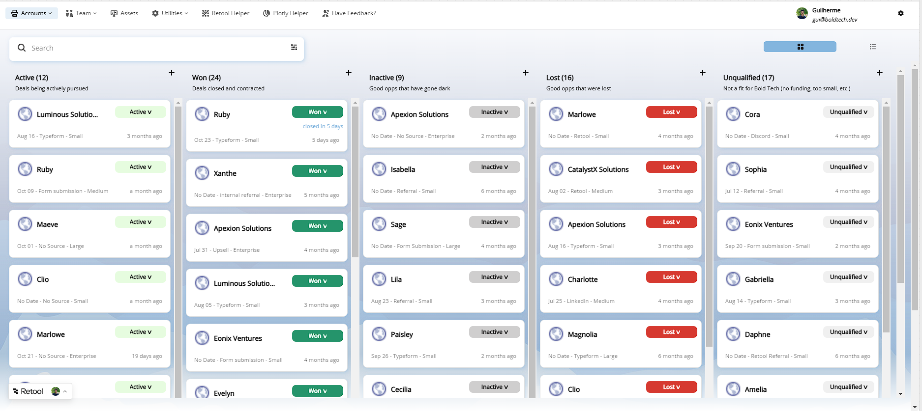 Screenshot of a Retool app interface showing multiple columns with status cards labeled Active, Won, Inactive, Lost, and Unqualified, illustrating scrollbar visibility on Windows.