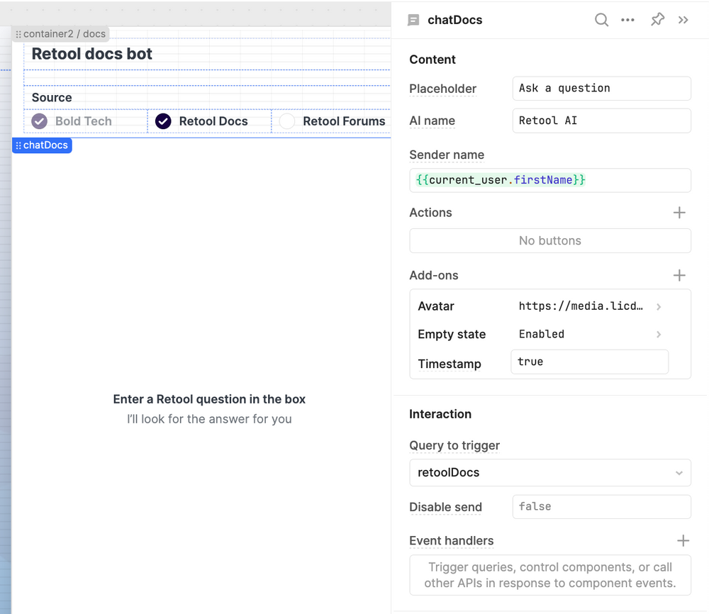 Settings for a docs bot in Retool.
