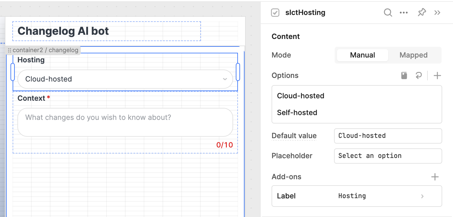 Manually setting values in Changelog AI bot to cloud-hosted and self-hosted. 