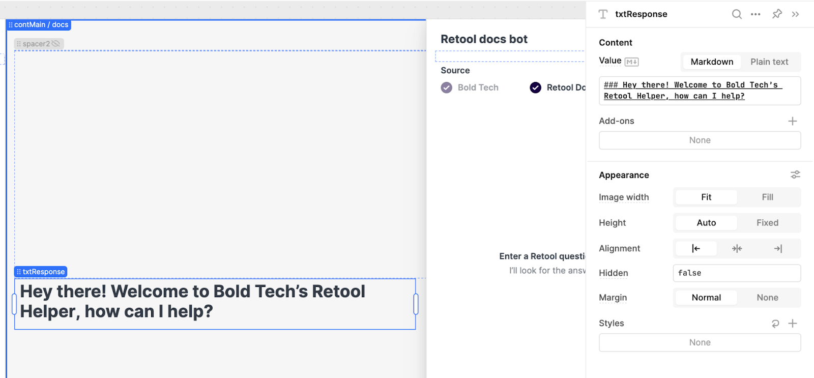 A default text component for a chatbox in Retool.