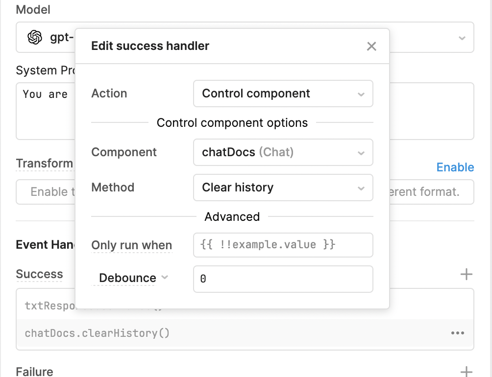 A Retool success handler set to clear chat history.