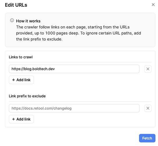 An example on how to edit URLs for the crawler in Retool.